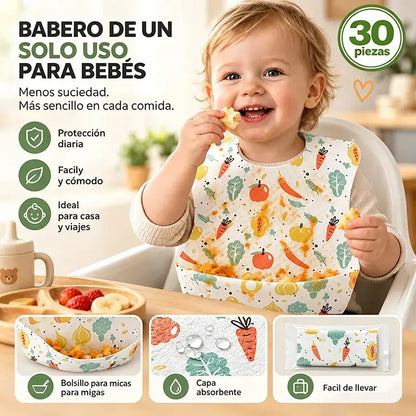 🛡️【30 piezas】👶 Babero Desechable Infantil con Bolsillo 3D Antifugas – Delgado, Impermeable y Práctico para el Día a Día 🍽️