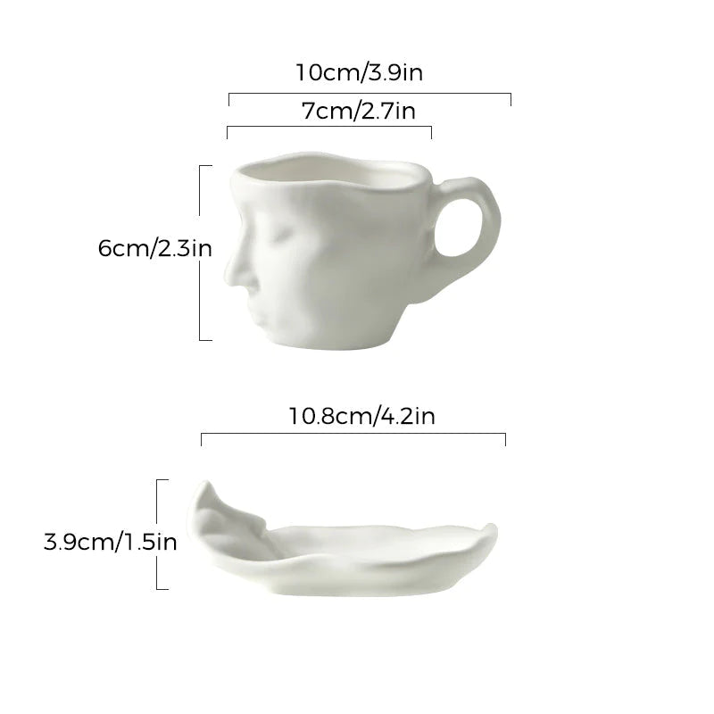 ☕ Sada keramických šálok a podšálok s kreatívnym abstraktným umením, ľudská tvár, bozk