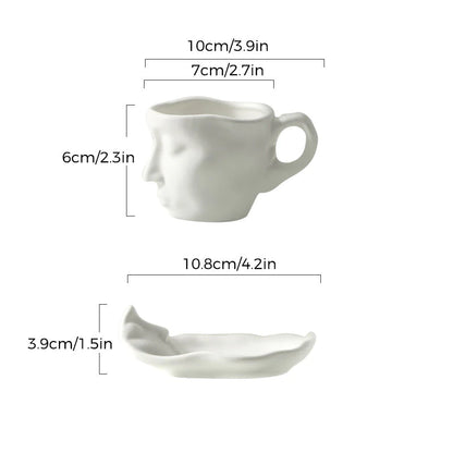 ☕ Sada keramických šálok a podšálok s kreatívnym abstraktným umením, ľudská tvár, bozk