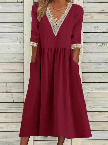 🌈👗【Letné nové produkty - zľava 50%🔥】【40-90 kg】👑 Dámske voľné šaty strednej dĺžky, materiál bavlna a ľan, čipkovaný golier, veľká veľkosť