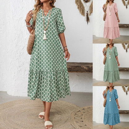 【50% de descuento】【Tallas S-2XL】🌺🌺 Vestido moderno y elegante con estampado geométrico y escote en V.