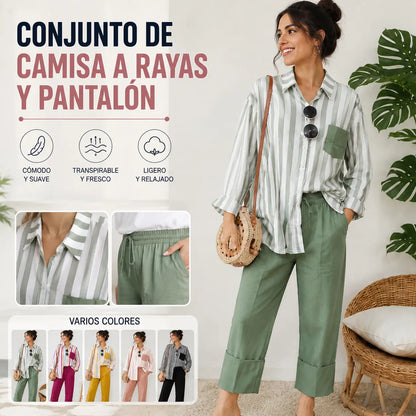 50% de descuento【S-5XL】Nuevo traje a rayas, elegante e informal, camiseta de manga larga + pantalón