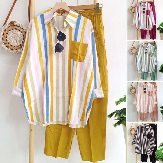 🔥【ZĽAVA 50 %】♡【S-5XL】Jarná pruhovaná ležérna dvojdielna súprava