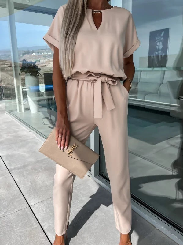 ✨ Conjunto de 2 Piezas Elegante: Top con Detalle en V y Pantalón con Lazo 💃