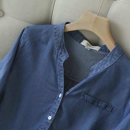 Camisa de manga tres cuartos con cuello en V y tejido vaquero fino para mujer, ideal para primavera/verano.