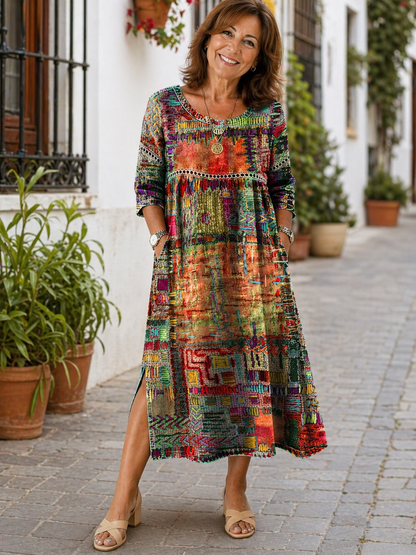 Manuela | Vestido Maxi Bohemio con Estampado de Patchwork Étnico