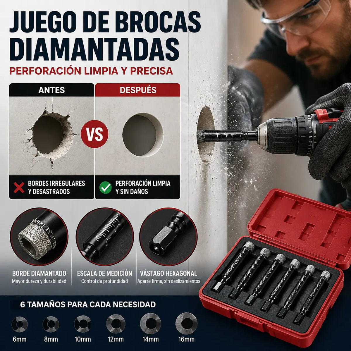 🔩【Juego de 6 piezas】Brocas diamantadas huecas para azulejos y cerámica – Perforación precisa【6/8/10/12/14/16 mm】