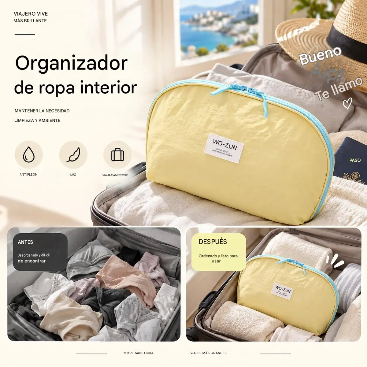 🧳💕 Estuche organizador de viaje portátil para ropa interior: almacenamiento separado para sujetadores, braguitas y calcetines.