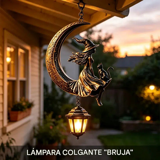 🌙🔮Linterna colgante solar de bruja en la luna — Decoración de jardín gótica vintage de bronce con bruja y gato negro