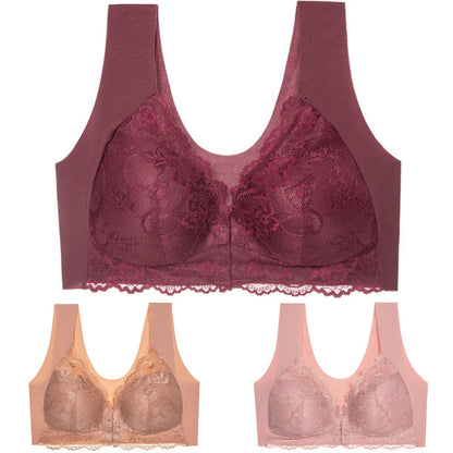 ✨【Conjunto de 3 piezas】Sujetador sexy de talla grande, sin aros y con cierre frontal, que luce un hermoso diseño en la espalda.