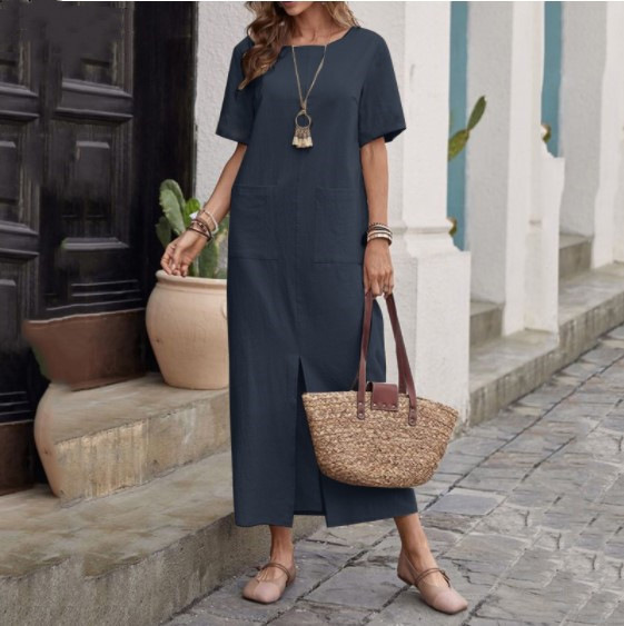 【S-5XL】Vestido Largo Casual de Algodón y Lino con Bolsillos - Estilo Holgado y Fresco