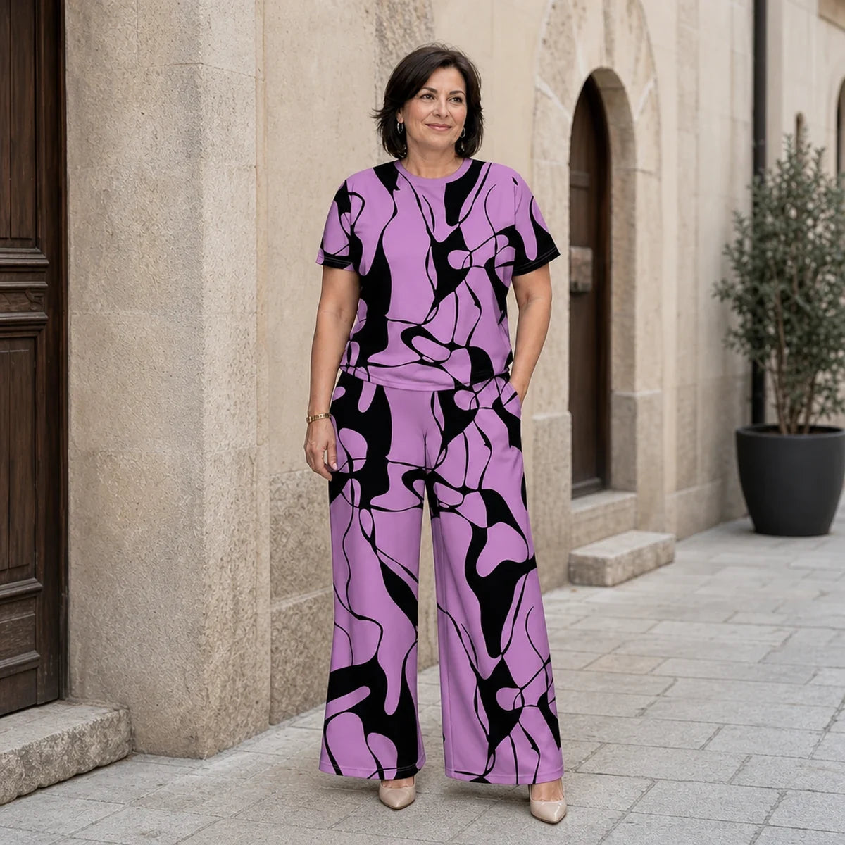 ✨【S-5XL】 ¡Elegante y casual! Conjunto de verano de tallas grandes con un moderno estampado geométrico.