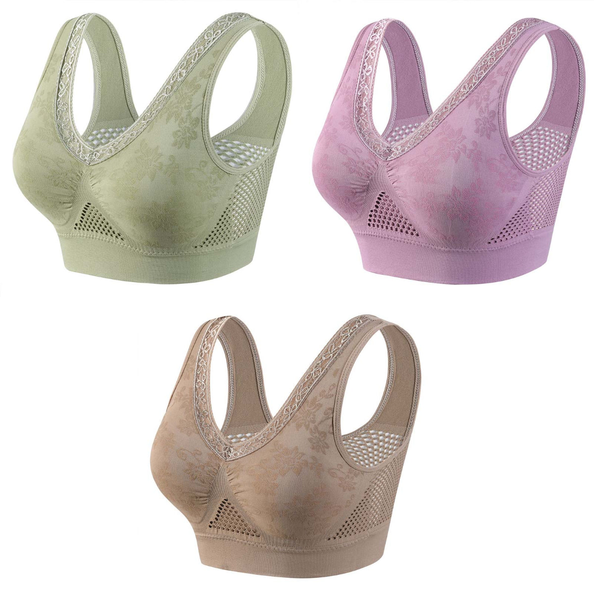 😍❤️40-120 kg【Paquete de 3】✨Sujetador de encaje sin aros para mujer, alta sujeción