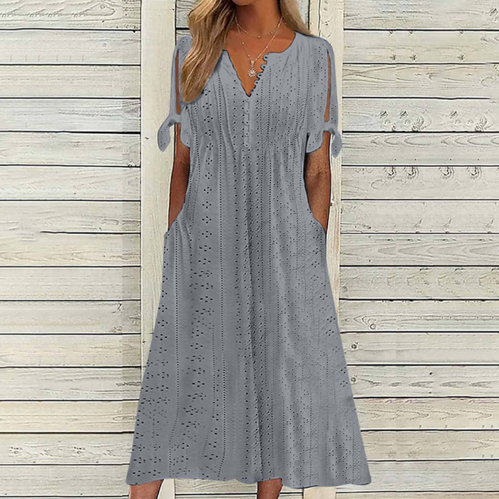 【🏆Hot Product】👗 Elegantné jednofarebné šaty – V-krčný strih, pohodlné, priedušné a štýlové, ideálne na každodenné nosenie.