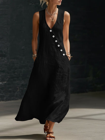 ✨【S-3XL】Vestido cómodo de algodón y lino para mujer, sin mangas, con botones.