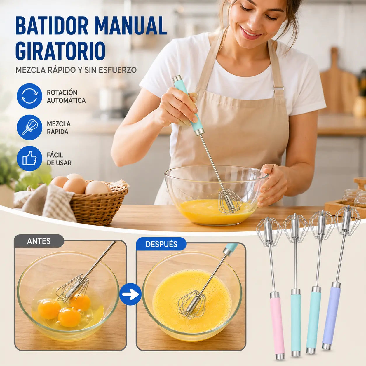 🔥Compre 1 y obtenga 1 gratis🥚👩‍🍳🍳Batidor de huevos semiautomático de acero inoxidable