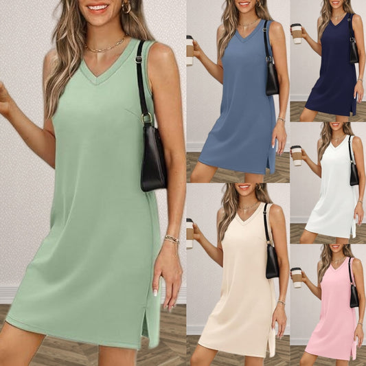 👗💟【S-2XL】Nové letné ležérne jednofarebné šaty bez rukávov s výstrihom do V a rázporkom na lem, pohodlné a priedušné