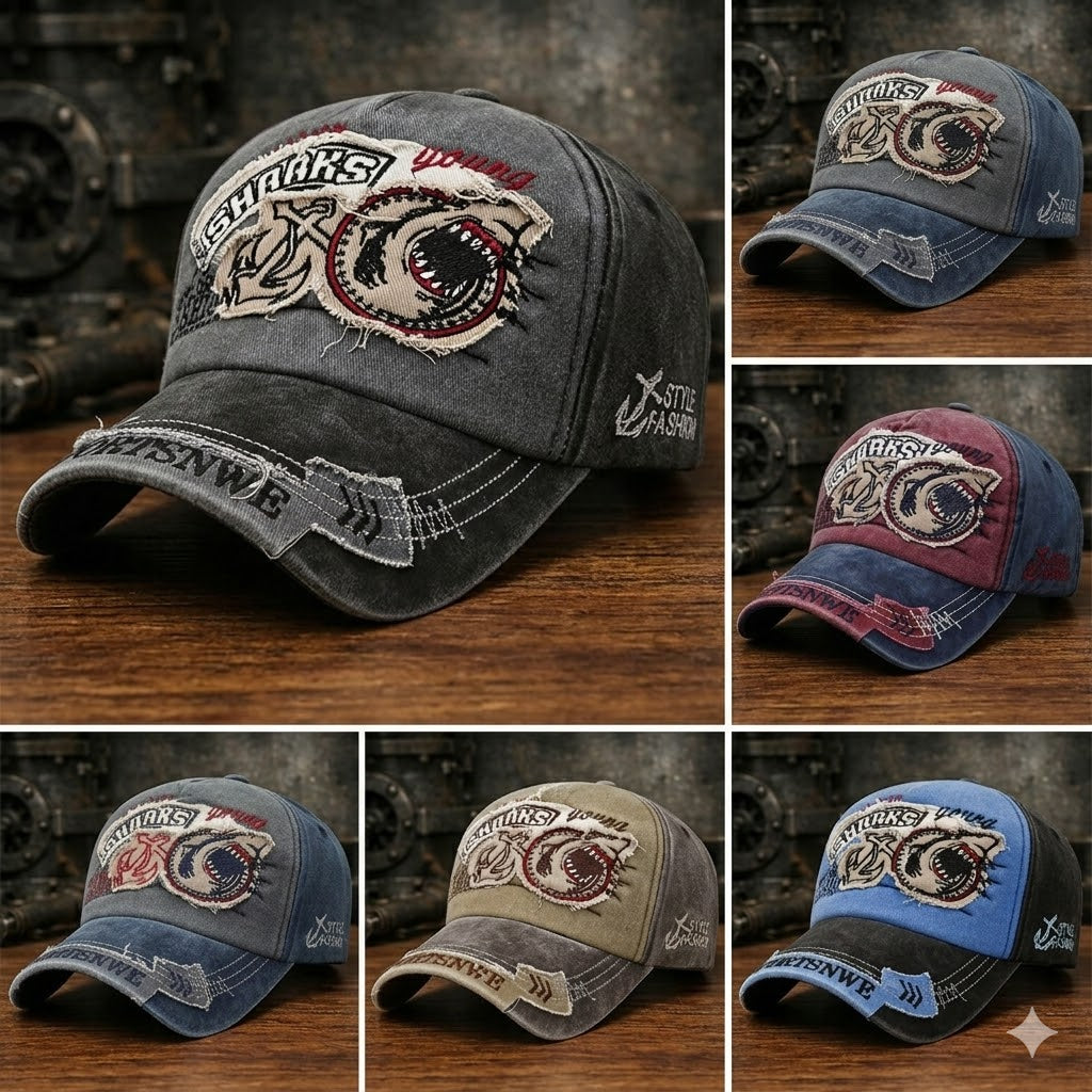 🧢 Gorra Denim Retro Streetwear 🦈 - Efecto Desgastado con Diseño de Tiburón ✨, Tendencia Urbana 2026 🔥