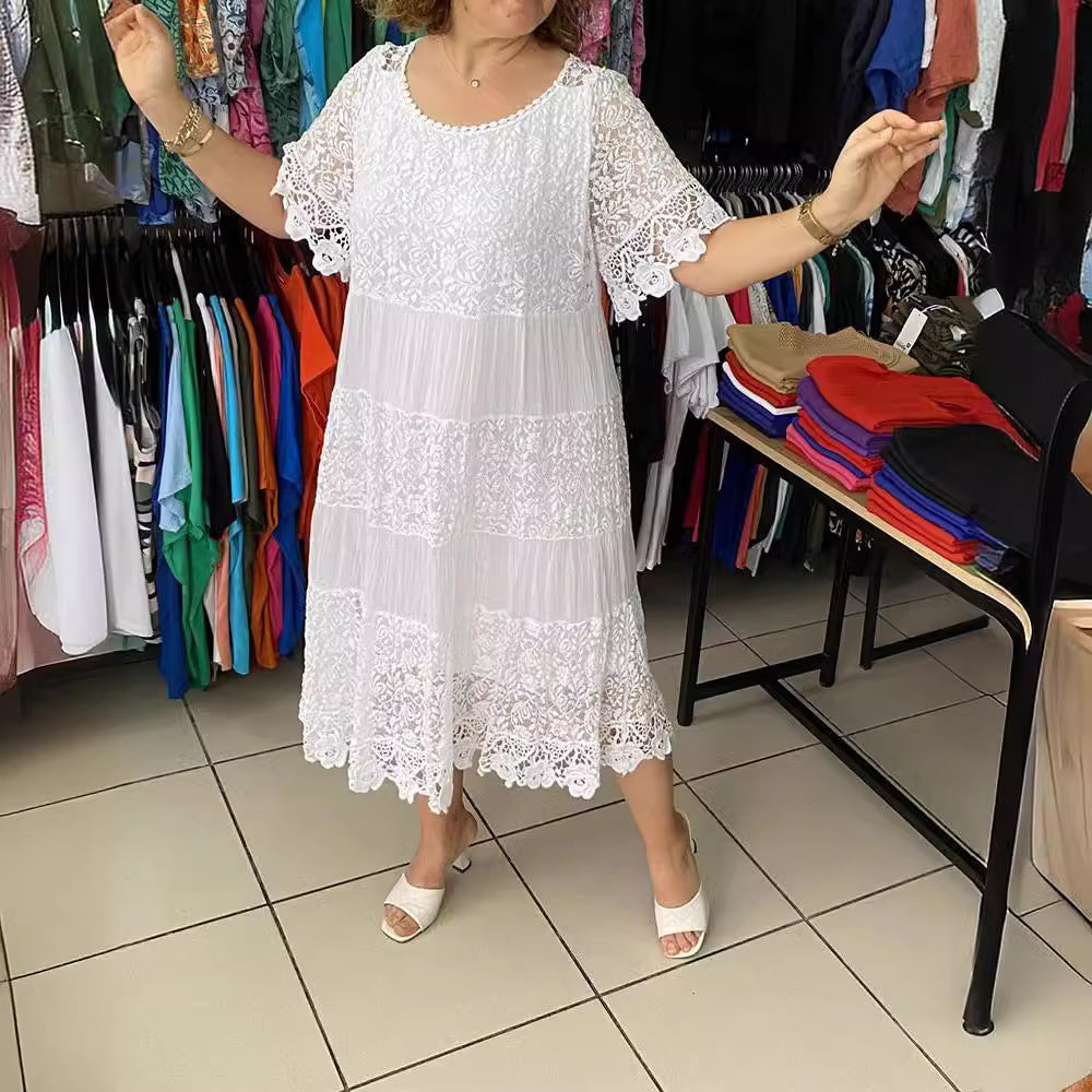 【S-5XL】Nuevo vestido de encaje con cuello redondo y manga corta 2026 【40-120 kg】