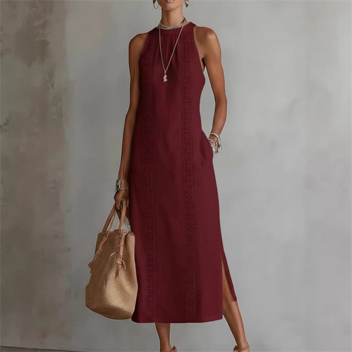 【S-2XL】Vestido de Verano de Color Sólido con Cuello Halter y Encaje Elegante
