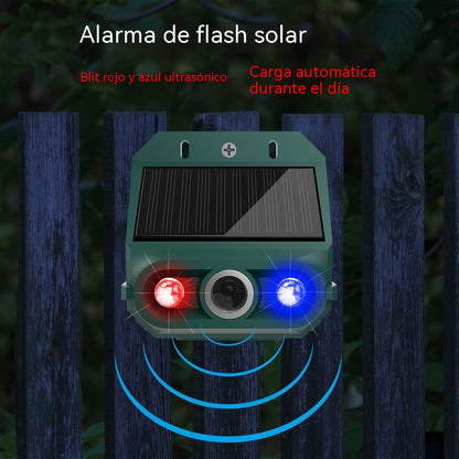 Repelente solar ultrasónico para animales, ideal para exteriores, con luz infrarroja intermitente y LED rojo y azul.