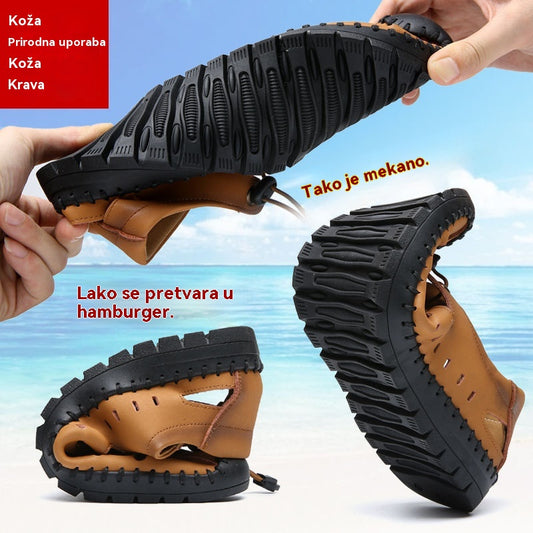 🌟👞【39-44】Nové letné pánske plážové sandále s dutým povrchom z pravej kože, duté mäkké kožené nazúvacie ploché topánky✨