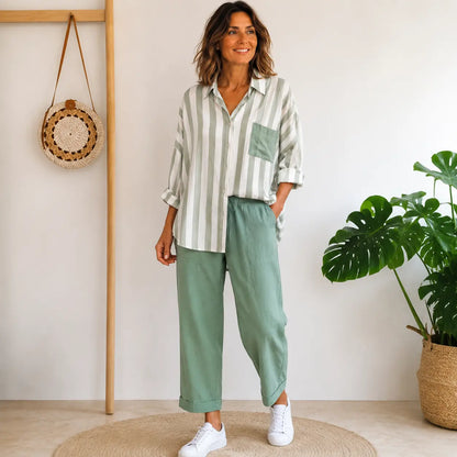 50% de descuento【S-5XL】Nuevo traje a rayas, elegante e informal, camiseta de manga larga + pantalón