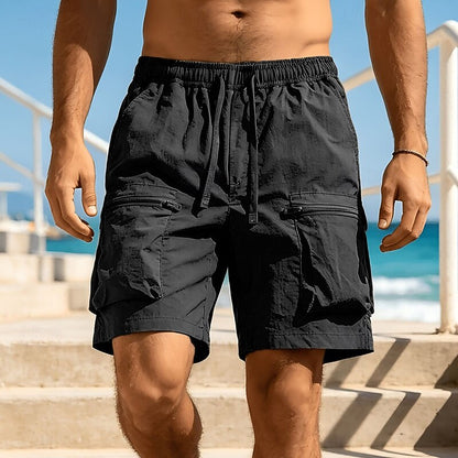 Shorts Cargo para Hombre | Pantalones de Playa y Ocasión | Cintura Elástica y Bolsillos con Cremallera | Color Liso, Ligeros y Transpirables