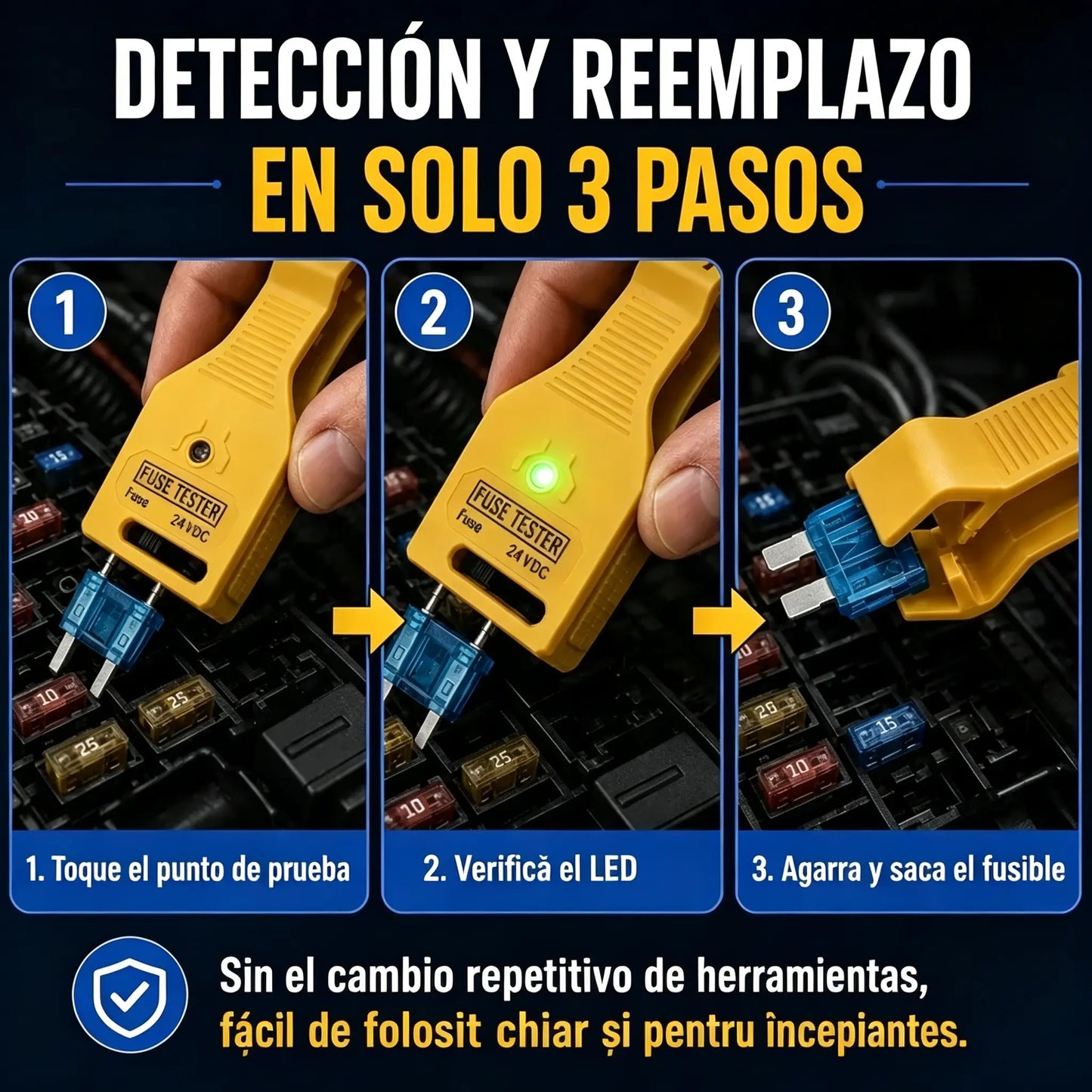 ⚡ Probador de fusibles y alicates 2 en 1 para coche (compatible con 12V/24V / indicador LED verde / espaciado ajustable / alicates extractores / para coche, camión y barco). 🚗✨