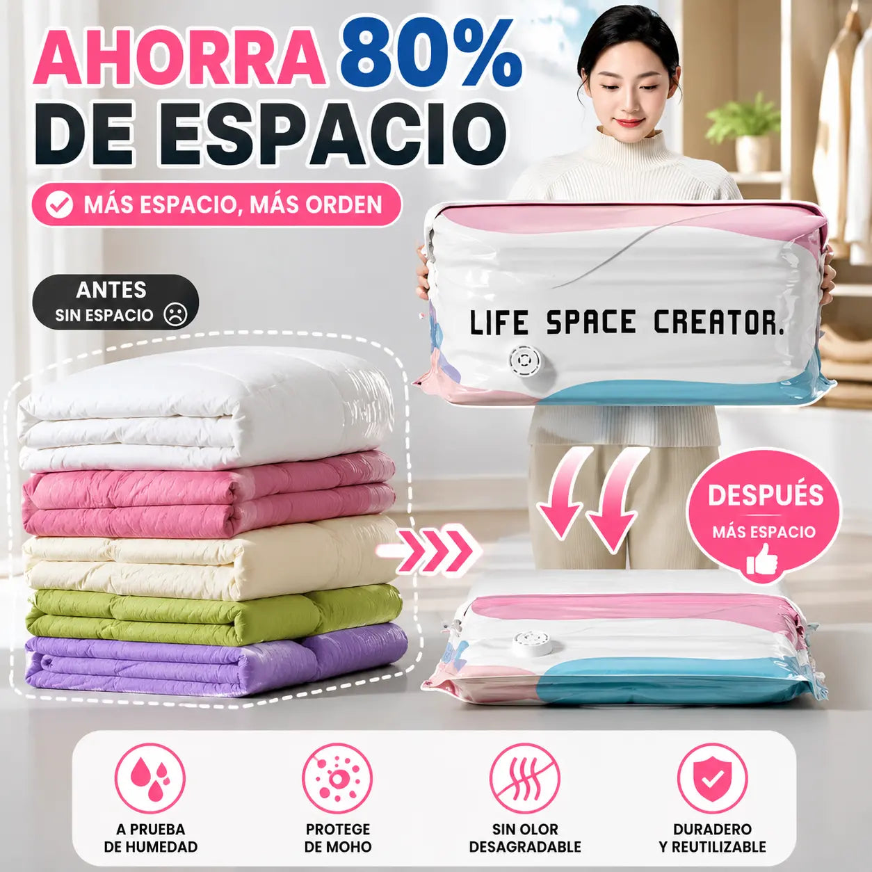 🧳【Juego de 5 piezas】💨 Bolsa de almacenamiento al vacío grande y compresible: no requiere bomba, es a prueba de fugas e ideal para ahorrar espacio en maletas y en casa ✈️