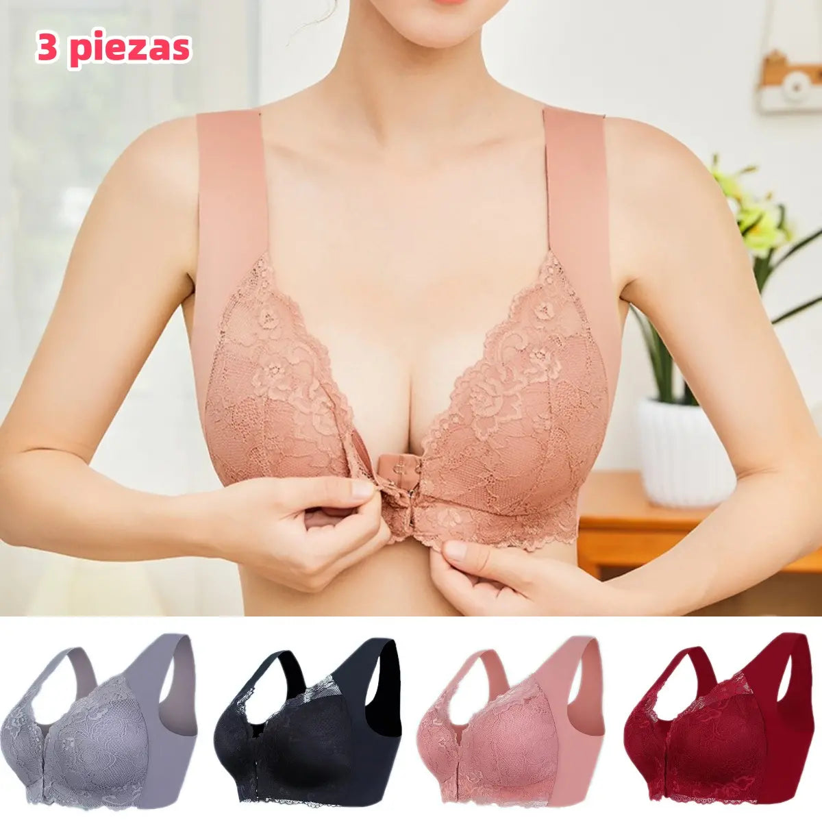 ✨【Conjunto de 3 piezas】Sujetador sexy de talla grande, sin aros y con cierre frontal, que luce un hermoso diseño en la espalda.