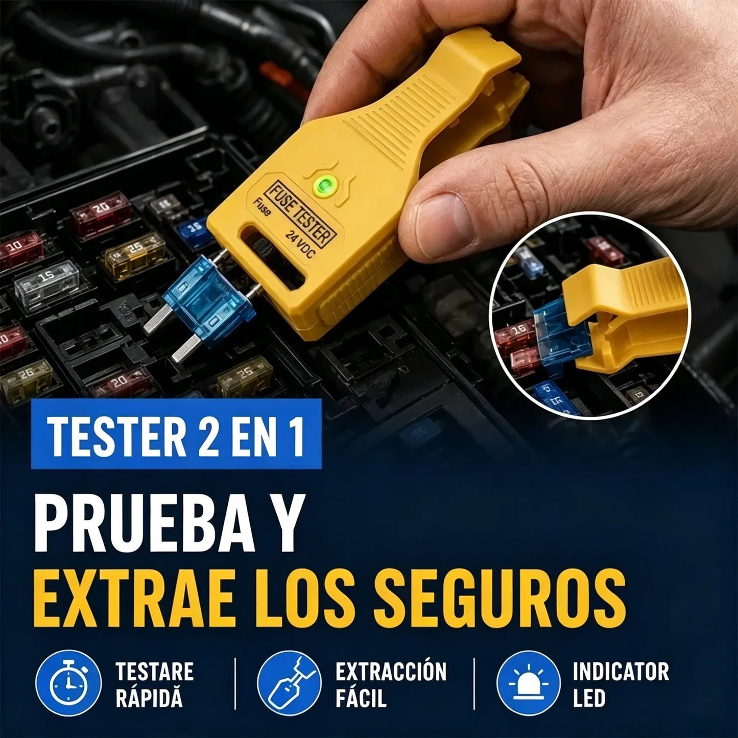 ⚡ Probador de fusibles y alicates 2 en 1 para coche (compatible con 12V/24V / indicador LED verde / espaciado ajustable / alicates extractores / para coche, camión y barco). 🚗✨
