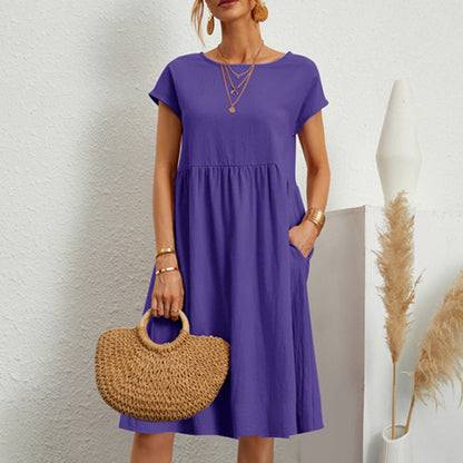 ✨ ✨ 【S-5XL】👗2025 Dámske bavlnené ľanové šaty s okrúhlym výstrihom a voľnými líniami