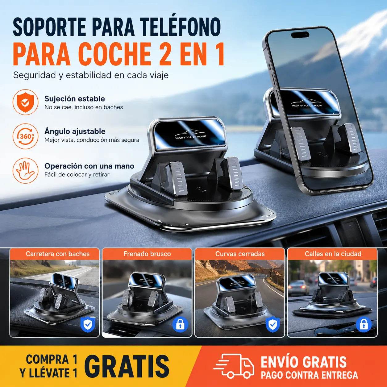 🚗 Soporte para móvil 2 en 1 para coche, giratorio 360° y antideslizante