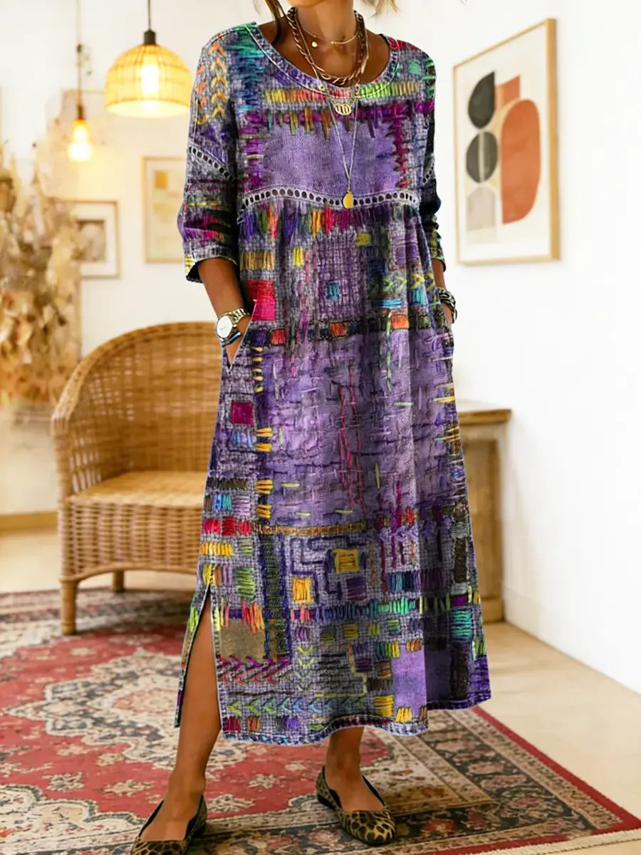 Manuela | Sukienka Maxi w Stylu Boho z Etnicznym Wzorem Patchwork