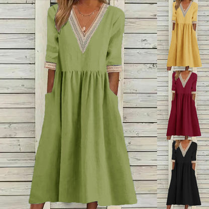🌈👗【Letné nové produkty - zľava 50%🔥】【40-90 kg】👑 Dámske voľné šaty strednej dĺžky, materiál bavlna a ľan, čipkovaný golier, veľká veľkosť