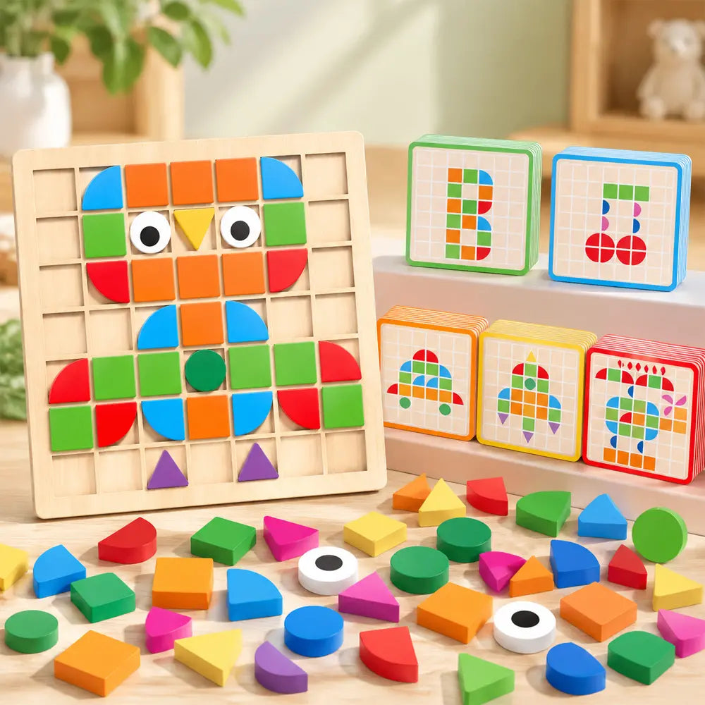 🧩 Puzle de madera para niños, juguete educativo 3D con 120 piezas y tarjetas de patrones — una herramienta didáctica que ejercita el pensamiento lógico y el reconocimiento de formas geométricas 🎨