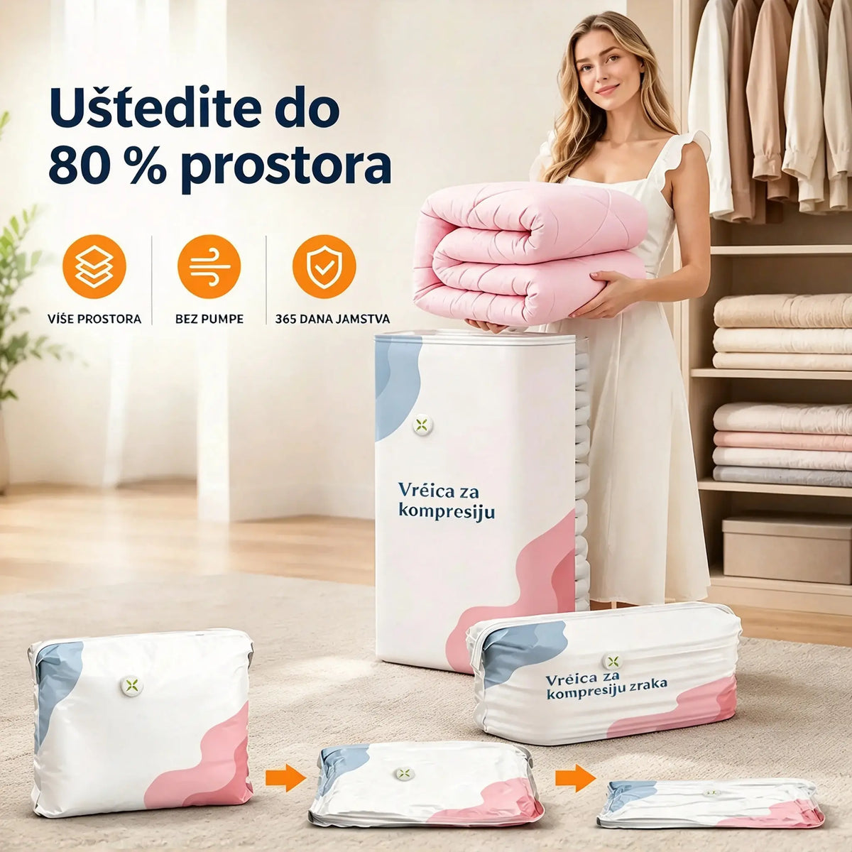 -50%🧳 Paket od 5【Kupite 3, dobijte 2 GRATIS】Vreće za vakuumsko pohranjivanje odjeće, bez pumpe