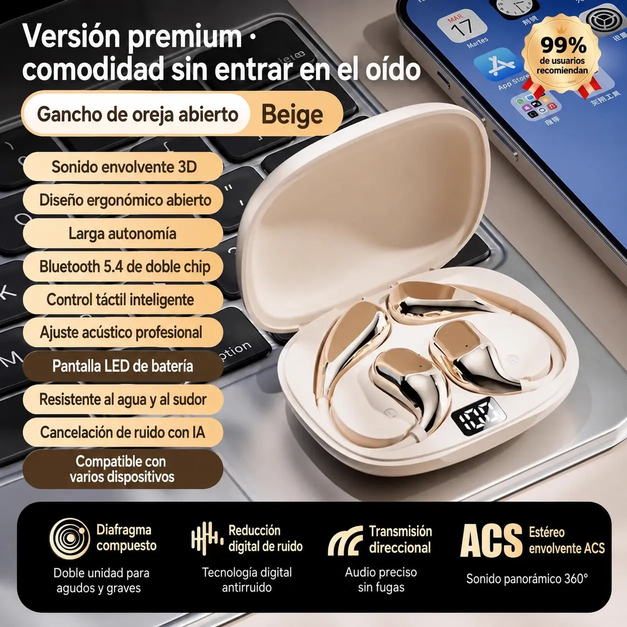 🔋Auriculares Bluetooth inalámbricos de oído abierto, con gancho para la oreja y conducción ósea🎙️🎧
