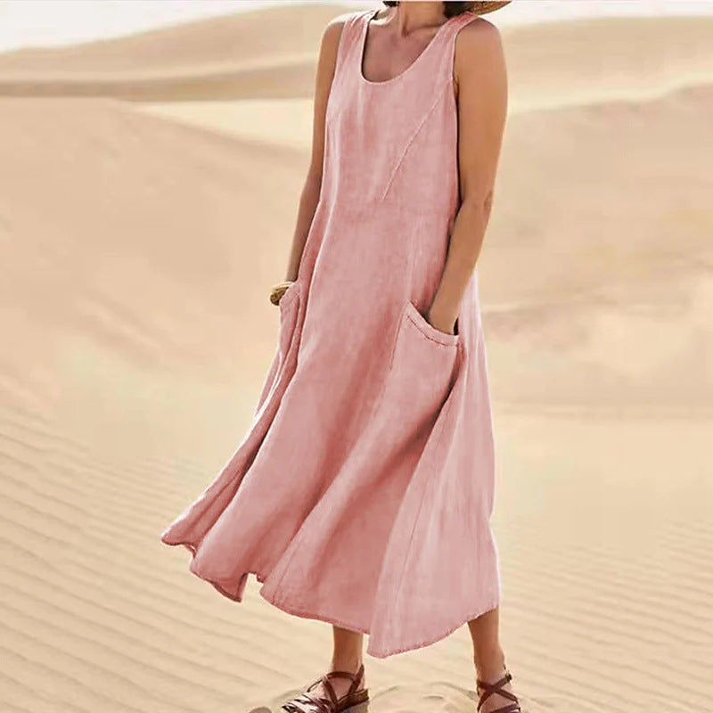 🌈👗【12 farieb, S-5XL】💖 Nové elegantné jednofarebné šaty bez rukávov s okrúhlym výstrihom z bavlny a ľanu na leto 2025.