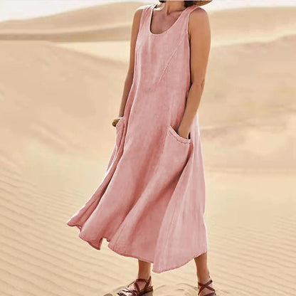 🌈👗【12 farieb, S-5XL】💖 Nové elegantné jednofarebné šaty bez rukávov s okrúhlym výstrihom z bavlny a ľanu na leto 2025.