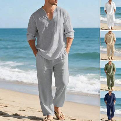 🌴 50% zľava 🔥 [Top + nohavice] Pánsky ležérny ľanový oblek s voľným strihom a výstrihom do V, ideálny na pláž. ✅ Platba na dobierku ✅ 2 položky so 70% zľavou