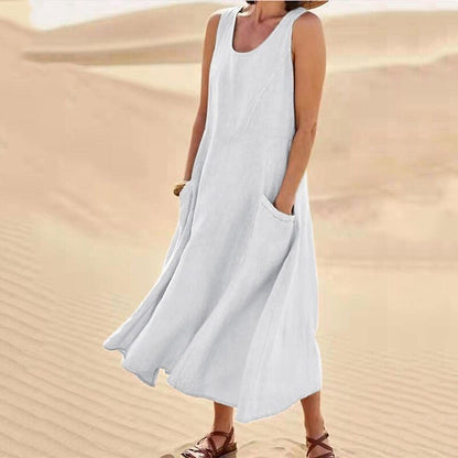 🌈👗【12 farieb, S-5XL】💖 Nové elegantné jednofarebné šaty bez rukávov s okrúhlym výstrihom z bavlny a ľanu na leto 2025.
