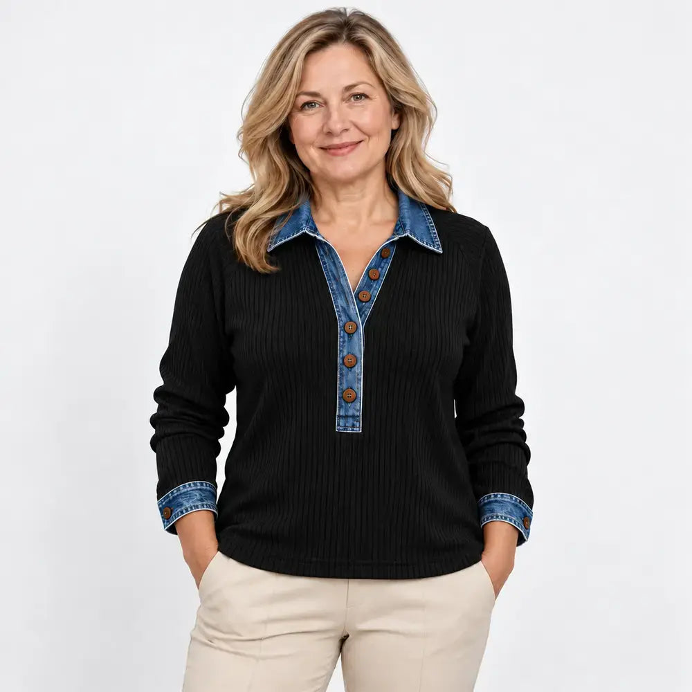 【S-3XL】Suéter de manga larga para mujer – tejido combinado con cuello de mezclilla