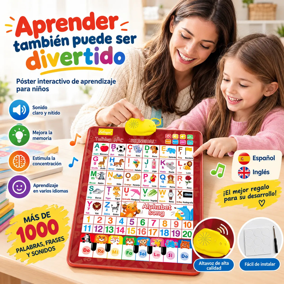 🔊 Lámina Educativa Parlante Bilingüe Español-Inglés | Abecedario con Sonido 26/27 Letras | Set de Regalo de Lujo para Niños 🎁
