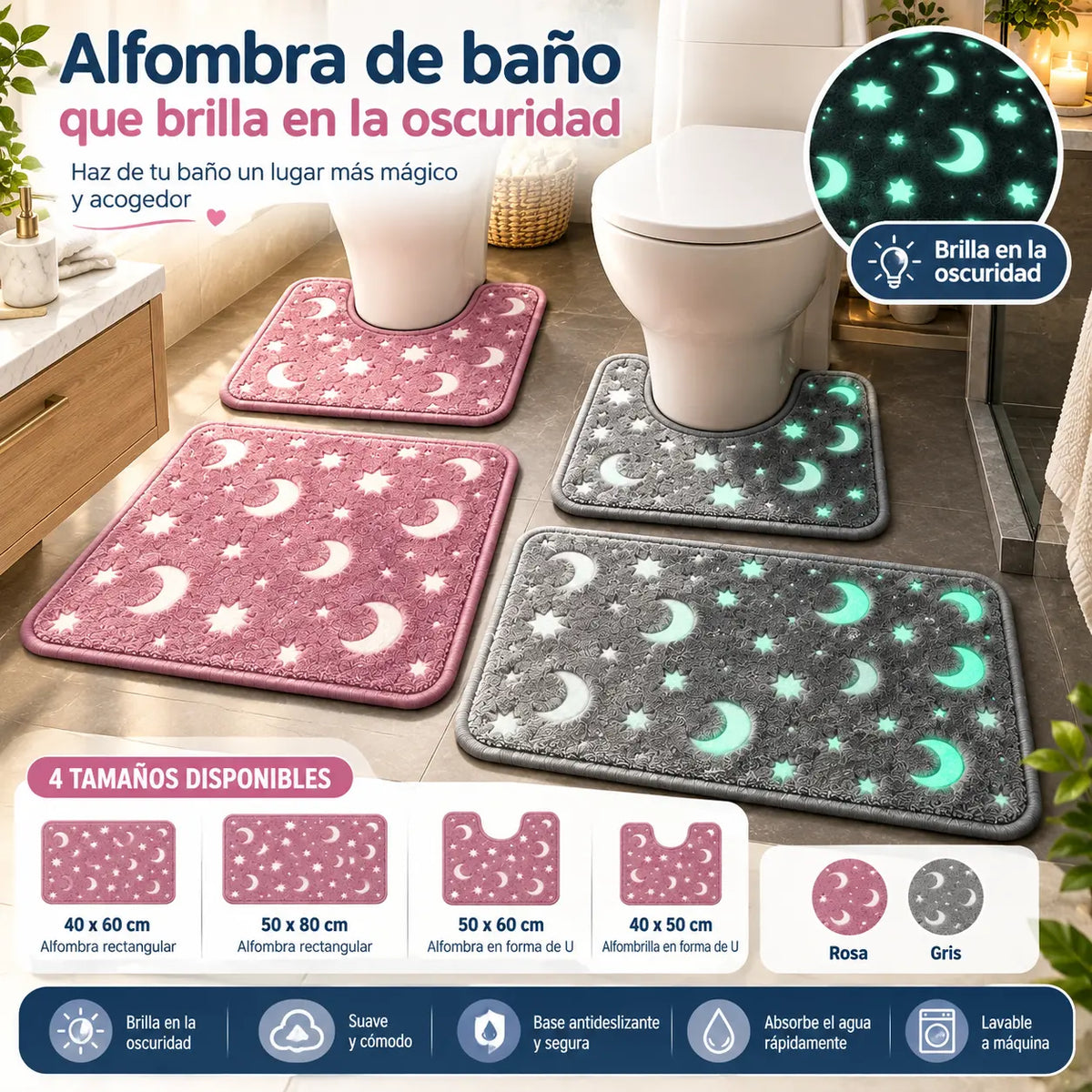 🌙 Juego de baño con diseños de luna y estrellas que brilla en la oscuridad – Alfombrilla de baño antideslizante 🌙50*80cm