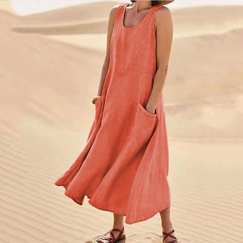 🌈👗【12 farieb, S-5XL】💖 Nové elegantné jednofarebné šaty bez rukávov s okrúhlym výstrihom z bavlny a ľanu na leto 2025.