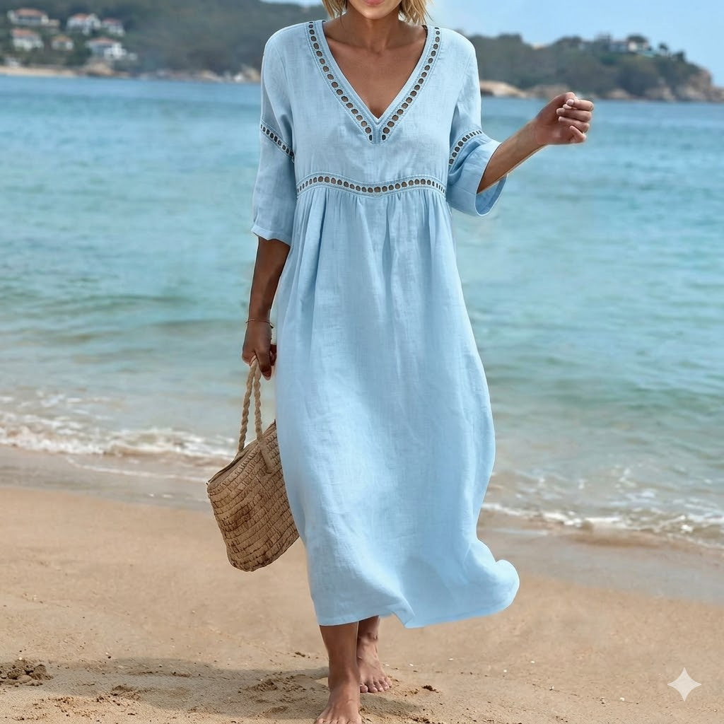 💎2026 Alta calidad💎【S-3XL】Vestido de mujer de algodón y lino con cuello en V, transpirable y suave, cómodo de llevar