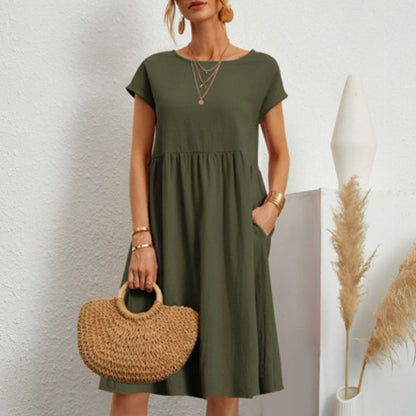 ✨ ✨ 【S-5XL】👗2025 Dámske bavlnené ľanové šaty s okrúhlym výstrihom a voľnými líniami