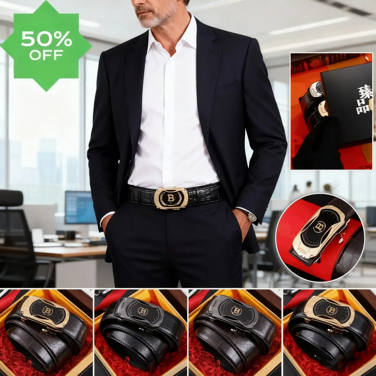 Nuevo cinturón de hombre de cuero genuino con hebilla automática.